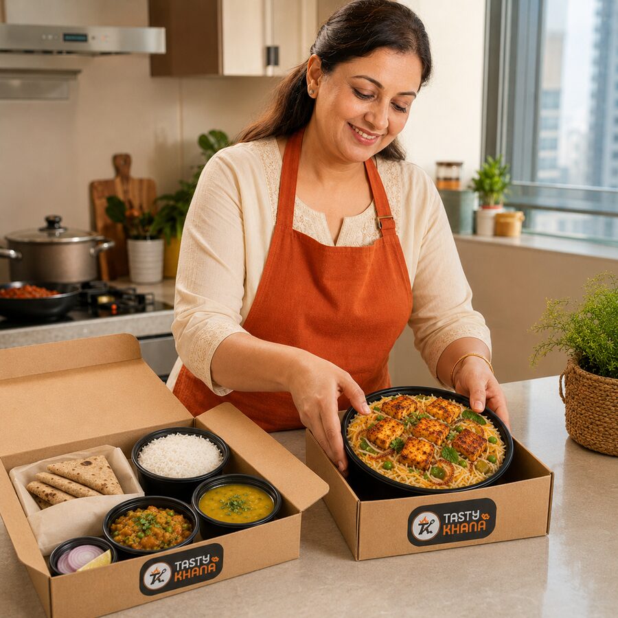 A home chef packing fresh dal, rice, sabzi and rotis in her own kitchen